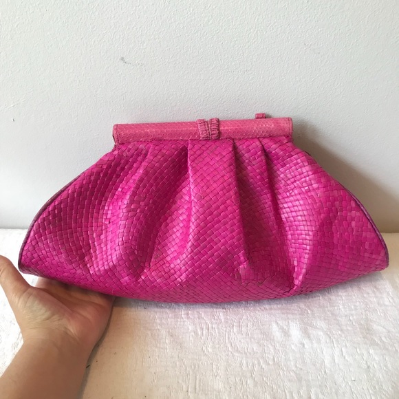 Hot Pink Python and Straw Bag w/ Chain Handle - Picture 5 of 6